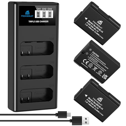 Homesuit EN-EL14 EN-EL14a Akku 1400mAh und DREI Schlitze LCD Ladegerät Kit für Nikon D3500 D3400 D3300 D3200 D3100 D5100 D5200 D5300 D5500 D5600 Coolpix P7000 P7100 P7700 P7800 Kameras (3er-Pack)