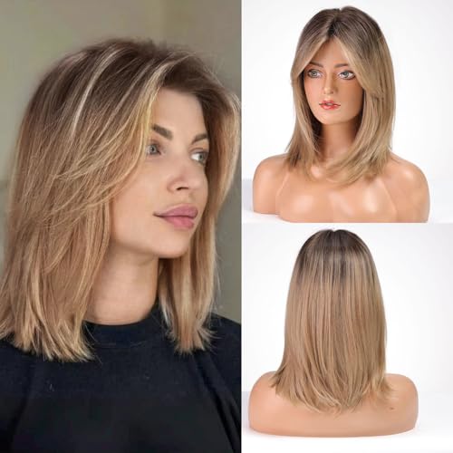 HAIRCUBE Damen Perücke 16 Zoll ombre Hellbraune Perücke Damen Vorhang Pony Frauen Perücken Synthetische Perücke mit Pony Welle Perücke für Täglich und Cosplay