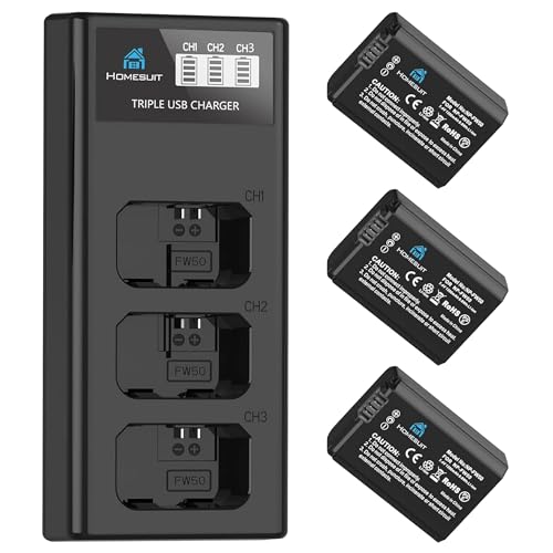 Homesuit NP-FW50 Akku 1300mAh & LCD Ladegerät Kit für Sony Alpha A6000 A6300 A6400 A6500 ZV-E10 7RM2 A7SM2 A7M2 A7II A7RII A7SII A55 A5000 A5100 A3000 RX10 II III IV NEX-3/5/6/7 NEX-F3 (3er-Pack)
