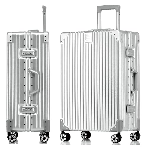 Aoliwei Aluminiumrahmen Koffer M (57cm) Handgepäck – Leichter 100% PC Hartschalen-Trolley in Metall-Optik, 42L Business Reisekoffer mit TSA, 4 leisen 360° Rollen, Silber