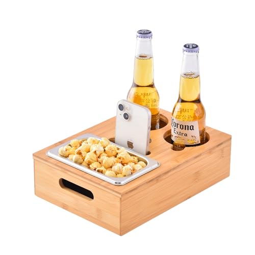 Couchbar Snackbox, Snackspender mit Snackschale, Bambus Sofatablett für Sofa, Deko, Couch Bar mit Getränkehalter, Abnehmbarer Deckel, Snackbox mit Fächern, Couch Organizer Tablett, Sofa Butler