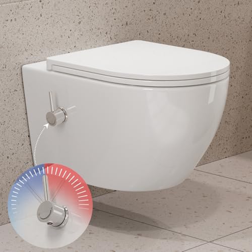 HOROW Dusch WC mit Integrierter Düse, Hänge WC Spülrandlos, Toilette mit Bidet Funktion, Taharet WC mit Nano, WC-Dusche mit Armatur, Klodeckel mit Absenkautomatik, Kalt-Warm Wasser, 49×36×36cm