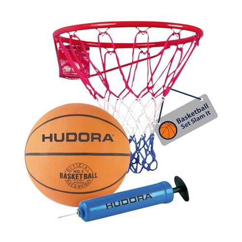 HUDORA Basketball-Set Slam It - Basketballset mit Korb, Basketball Größe 7 & Handpumpe - robuster Basketballkorb für drinnen & draußen - Basketball aus Gummi für Kinder & Erwachsene