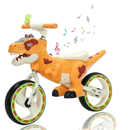 NMM Dinosaurier Laufrad für Kinder ab 2-8 Jahre, Sicherer Stahlrahmen, Musiklicht Effekt, Dinosaurier Spielzeug,Dinosaurier-Lautsprecher, Laufrad mit Komfortsitz und Fußstütze (Orange)