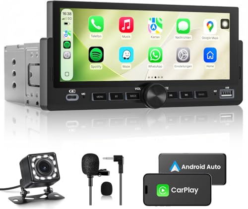 Autoradio 1 DIN mit Wireless CarPlay & Android Auto, Bluetooth Freisprecheinrichtung, FM Radio, Bildschirm, Lenkradsteuerung, MirrorLink, Aux-Eingang, Equalizer (6,86 Zoll mit Rückfahrkamera)