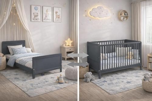 Baby Happy Bliss Nelly Babybett 120x60 cm – Kinderbett – Grau – Buchenholz – 2-Fach höhenverstellbar – 3 Schlupfsprossen – EN 716 geprüft