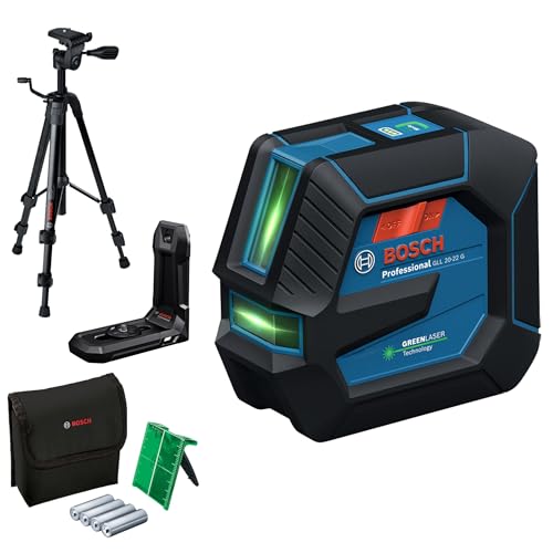 Bosch Professional Linienlaser GLL 20-22 G (Halterung LB 10, grüner Laser, Innenbereich, Dual Power Source, 2 x 1.5V LR6 Batterien, Schutztasche, Stativ BT 150)