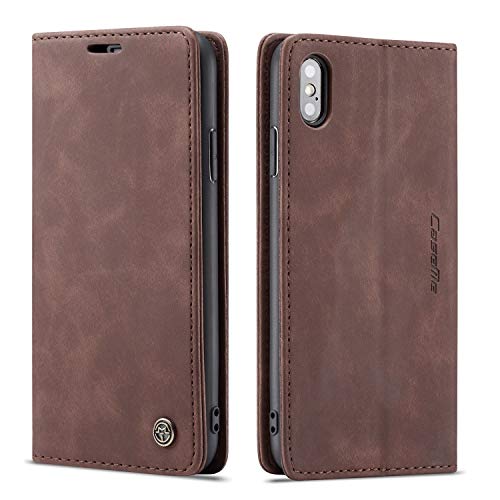 owlhold Hülle iPhone XS Max klapphülle Premium Lederhülle Weiches Vintage-Nubukleder Faltbare Ständer Schutzhülle Kartenfach Standfunktion stoßfest Handyhülle iPhone XS Max -Kaffee