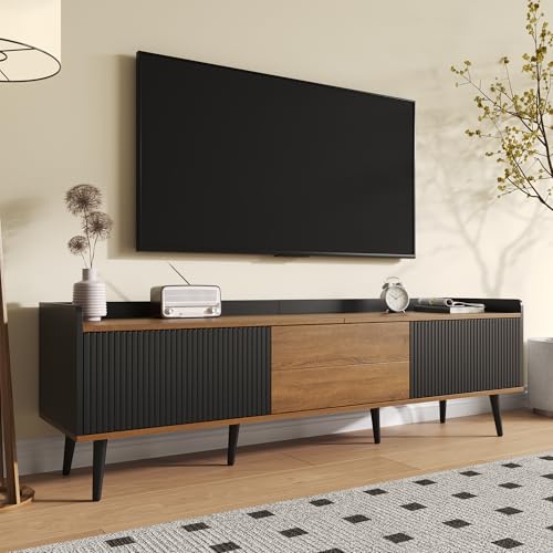 BTM TV Schrank 160cm, TV Unterschrank mit 3 Türen, TV Möbel Kompakt in Schwarz Holz, Lowboard mit Kippschutz & erhöhter Kante Stauraum, Sideboard für Wohnzimmer