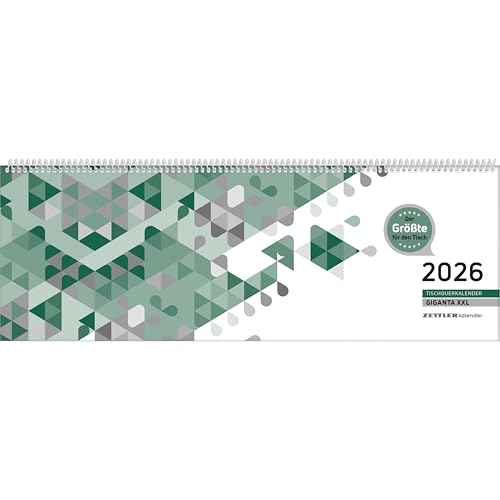 Zettler Tischquerkalender Giganta XXL 1W/2S Grün 2026 – Bürokalender 42x15 cm, Wochenkalender mit 1 Woche auf 2 Seiten, deutschem Kalendarium, Spiralbindung & Stundeneinteilung 7–22 Uhr