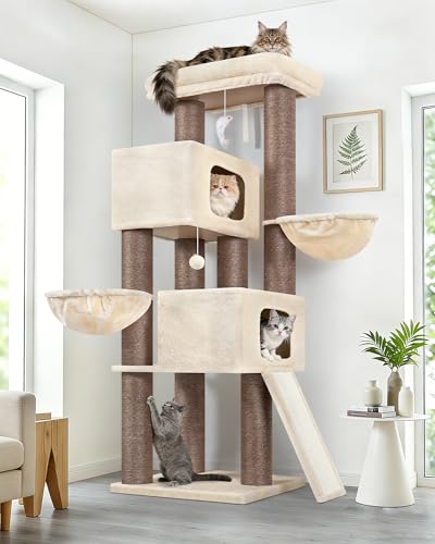 Globlazer Beige Kratzbaum Dicke Stämme 11CM für Große Katzen mit 2 Extragroß Katzenhaus 50*35*30cm, Ausreichend Kratzflächen, Plattform Liegebereich, 170CM Kratzbaum Grosse Katzen Stabil (S67, Beige)