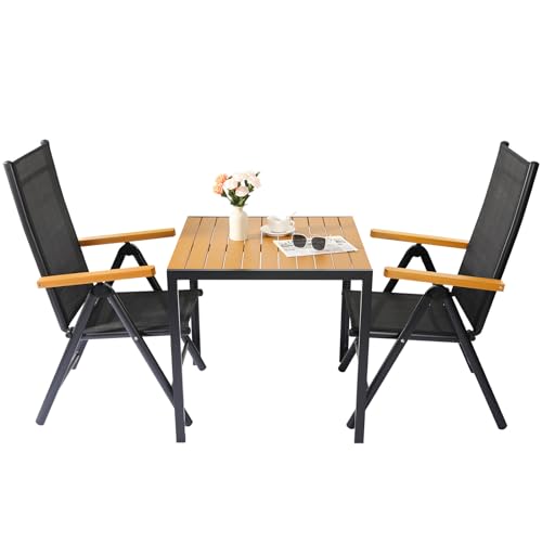LIFERUN Alu Gartenmöbel Set 3-tlg, Balkonset 2 Stühle 1 Tisch, WPC Gartentisch + 2er Hochlehner Gartenstuhl Klappbar Wetterfest Aluminium Balkonmöbel für Veranden, Innenhöfe, Terrassen, Teakbraune3pcs