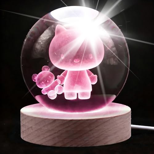 Moodlamp 8CM Cat 3D Kristallkugel Lampe mit Holzsockel, 16 Farben Dimmbare LED-Kristallkugel Lampe mit Fernbedienung, Figuren Nachtlicht Dekoration, Geburtstagsgeschenk für Jungen Und Mädchen