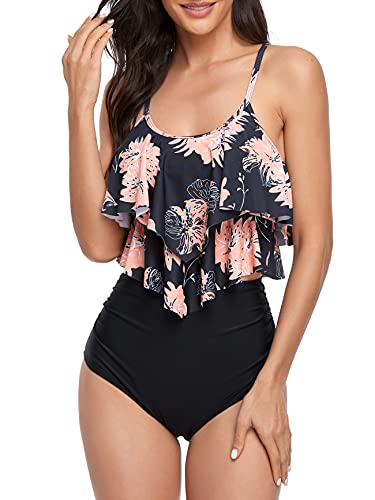 FLYILY Tankini High Waist Damen Zweiteiliger Bikini Set Badeanzug Rüschen Bedruckt Bademode mit Hoher Taille Bikinihose Tankini Oberteil Strandkleidung(1-BlackFlower,L)