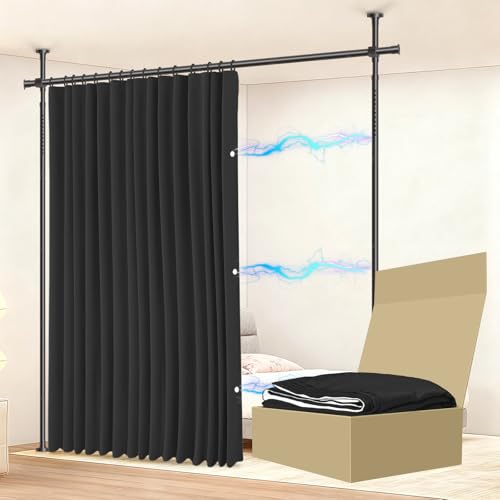 JILRON Raumteiler-Vorhang Komplettset, ideal für Mietwohnungen, temporäre Büros und Apartments (1 schwarzer Vorhang: H 213 x B 270 cm, Stange: H109-305 x B89-254 cm)