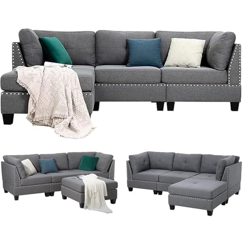 YODOLLA Ecksofa mit Schlaffunktion, L-Form Sofa Couch mit Bettkasten freistehend, 3-Sitzer Eckcouch, Schlafsofa für Wohnzimmer, Grau (Hocker Flexible beweglichkeit)