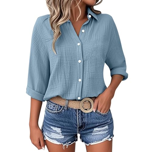 Musselin Bluse Damen,3/4 Arm Hemdbluse Baumwolle Leinen Shirt Hemd Bluse Sommer Freizeit T-Shirt Casual Lässige Oberteile mit Knöpfen Klassische Sommerblusen Leicht und Luftig S-5XL