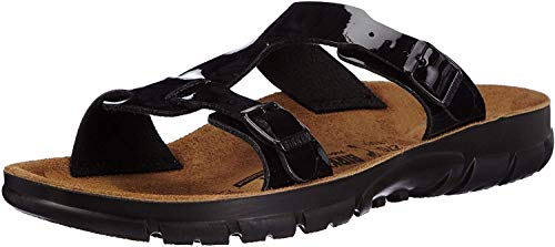 Birkenstock Sandalen Damen Sommer - Sofia - Anatomisch geformtes Kork-Latex-Fußbett - Flache Sandaletten mit modischer T-Spange und verstellbaren Riemen - Sommerschuhe - Schwarz Hochglanz - 39