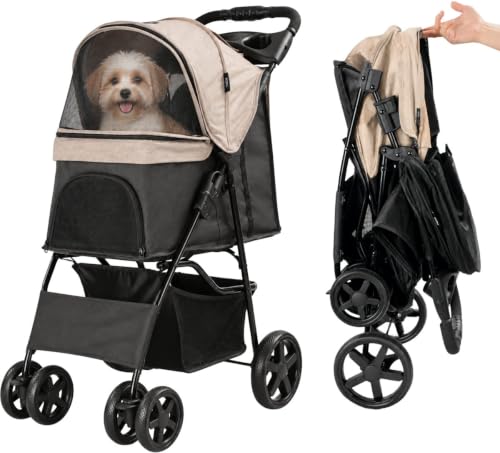 HiPet Hundebuggy Teddy Beige – Klappbarer Hundewagen bis 15 kg, für kleine und mittelgroße Hunde, nur 5 kg Eigengewicht, abnehmbarer Einkaufskorb, Sicherheitsgurt im Innenraum