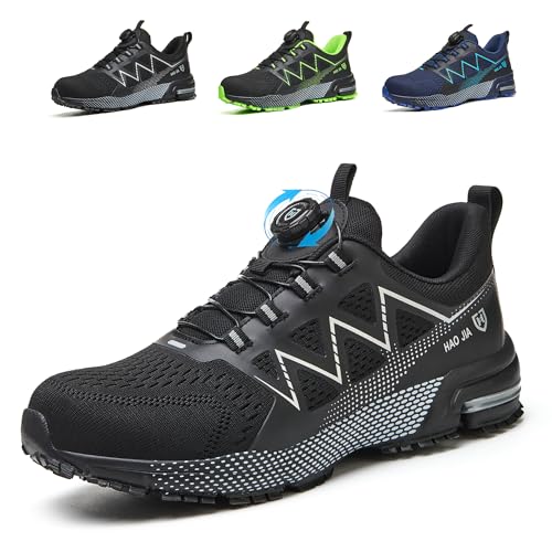 AFJYG Arbeitsschuhe Herren Damen Sicherheitsschuhe Leicht Sportliche Atmungsaktiv Stahlkappenschuhe mit Schnellverschluss Drehverschluss Schutzschuhe,Schwarz,42 EU