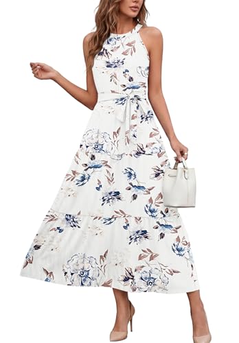 AUSELILY Damen Sommerkleid Lang Ärmellos Maxikleid Neckholder Elegant Kleid Rüschen Strandkleid Mit Taschen und Gürtel Blumenweiß L
