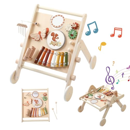 Lauflernwagen Holz Montessori Holzspielzeug Musikinstrumente für Kinder,Lauflernhilfe mit Musik und Spielbrett Multifunktionale Activity Center Baby Walker mit Rad Baby Push Walker ab 1 jahr