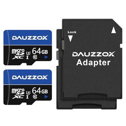 2er-Pack 64 GB Micro SD Karte, DAUZZOX MicroSDXC A1 U3 C10 UHS-I, Full HD et 4K UHD TF Karte, Bis zu 85 MB/s, Speicherkarte Micro SD für Smartphone, Kamera, Überwachungsgeräte, Dash Cam, mit 2 Adapter