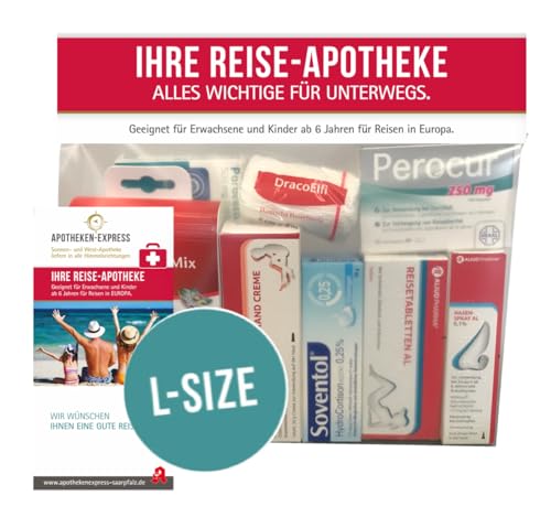 Reiseapotheke von Apotheken-Express (L-Size) 11-teilig inkl. einer Handcreme von Apotheken-Express und übersichtlichem Folder zum Gebrauch