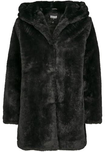 Urban Classics Ladies Hooded Teddy Coat aus Fake Kaninchenfell, Damen Mantel mit Kapuze und Seitentaschen, black, M