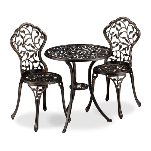 Balkonmöbel Set 2 Personen, Bistro Set Balkon Antik, Runder Gartentisch mit 2 Gartenstühlen, Gartenmöbel aus Aluminium, Wetterfest & Leicht, Brushed Design in Bronze-Schwarz für Balkon & Garten