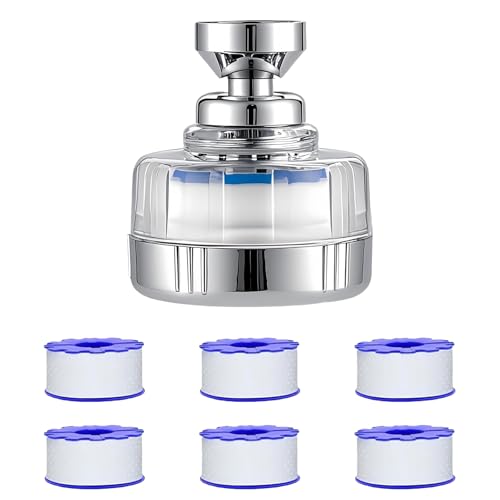 Wasserhahn Filter, 360° Drehbare Kalkfilter Wasserhahn Filter mit 6 Stück PP-Baumwollfilterelement Wasserfilter für Waschbecken Bad Küche