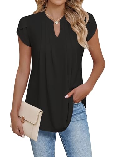 Cuptacc Tunika Damen V-Ausschnitt Kurzarm Blusen Damen Sommer Elegant Locker Einfarbig Oberteile Schwarze, XL 46-48