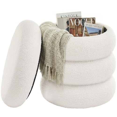 SONGMICS Schminkhocker, runder Hocker mit Stauraum, Teddyfleece, 43 x 47 cm