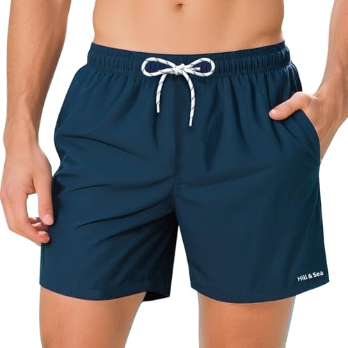 Hill & Sea Badehose Herren Schnelltrocknend Boardshorts für Männer Atmungsaktiv Wasserabweisend Badeshorts mit Mesh-Futter Taschen und Verstellbarem Tunnelzug Marineblau - XL