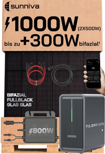 SUNNIVA® 1000W Balkonkraftwerk mit 2,24 kWh Speicher Marstek B2500-D & 800W Wechselrichter, BIFAZIAL FULLBLACK komplett Steckdose, PV Solaranlage Komplettset mit Solarspeicher, 2x 500W N-Type Glas