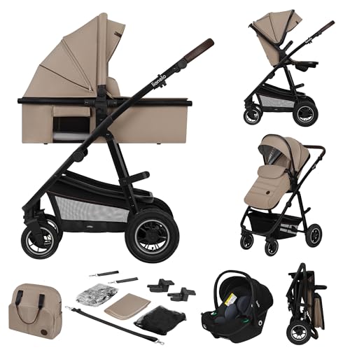 LIONELO Amber Kinderwagen 3 in 1 Kombikinderwagen Set sportlicher Sitz fester Babywanne Autositz Tasche Moskitonetz Regenschutz XXL-Dach mit Sonnenschutz