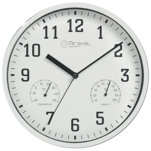 Miraval Wanduhr Thermometer Hygrometer 250 mm Küchenuhr Wohnzimmer Luftfeuchtigkeit Temperaturanzeige Analog Bürouhr Moderne Wanduhr (Weiß)
