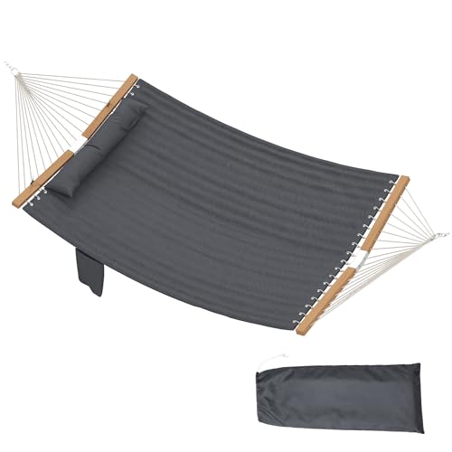Outsunny Hängematte Outdoor 200x140cm, zweilagig Hängematte mit Kopfstütze Magazintasche Holzstäbe, Doppelhängematte bis 200kg für Garten, Balkon, Terrasse Grau