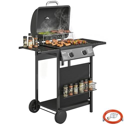Outsunny Gasgrill 5 KW 2 Brenner BBQ Grillwagen Edelstahl inkl Seitentisch Unterkorb Frontabdeckung Thermometer Emaille-Grillrost Warmhalterost Fettauffangschale, Gas-Grill mit Rolle für Balkon Party