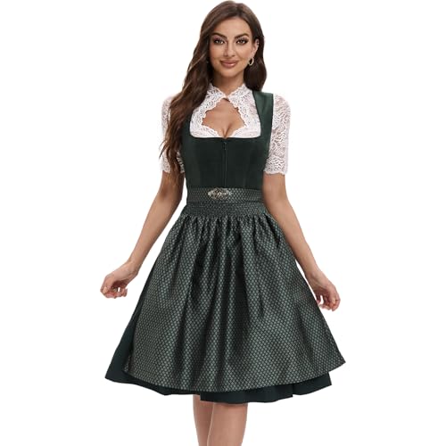 Goxozzy Dirndl Damen Midi Samt Trachtenrock mit Dirndlschürze für Oktoberfest Größen 34-44 Rocklänge 60cm Grün Rot Blau (DE/NL/SE/PL, Numerisch, 40, Regular, Regular, Grün)