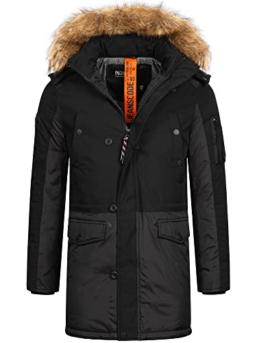 Indicode Herren Jarl Winterparka mit abnehmbarer Kunstfell-Kapuze und Stehkragen | warme dicke Winterjacke Black, S
