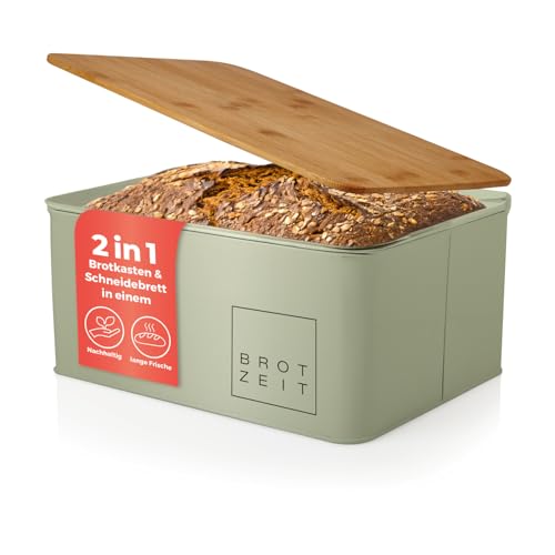 Lumaland Cuisine Brotkasten | Brotdose aus Metall mit Bambus Deckel | Brotbox rechteckig 30,5 x 23,5 x 14 cm | 2in1 Brotbehälter & Schneidebrett [Mintgrün]