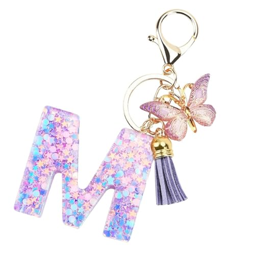 YIPFEN Damen- und Mädchen-Schlüsselanhänger mit Buchstaben, Initialen-Schlüsselanhänger. Buchstabe M, lila Mädchen-Schlüsselanhänger