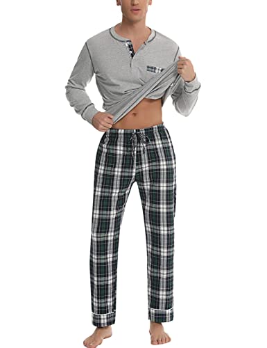 Litherday Schlafanzug Herren Lang Kariert Zweiteiliger Pyjamas Set mit Rundhals Nachtwäsche aus Baumwolle Winter Pyjama, Grau, L