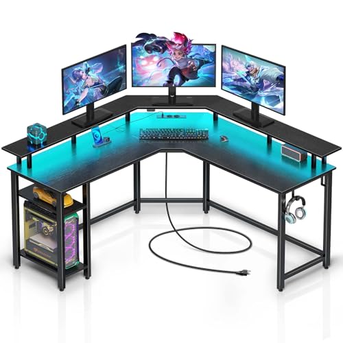 Rolanstar Schreibtisch L Form mit RGB-LED & Steckdosen, 135 cm Computertisch mit Monitorständer & Ablagefläche, Reversibler Eckschreibtisch mit 2 Haken, perfekt für Arbeitszimmer Schlafzimmer Büro