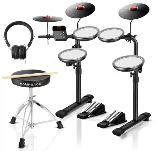 MK-0 Elektrisches Schlagzeug Set mit 4 Quiet Mesh Elektronischen Pads, 5 Zoll Kick Drum 12 Soundkits und 68 Authentische Sounds, USB MIDI, Thron, Sticks, Kopfhörer, 2 Schaltpedale für Anfänger