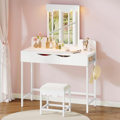 Schminktisch mit Beleuchtung,Stoffschubladen Frisiertisch mit Spiegel Schubladen Einstellbarer Helligkeit,Schminktische mit Türen, Make up Tisch mit Schmuckablage Verstellbaren Ablagen,Holzfarbe