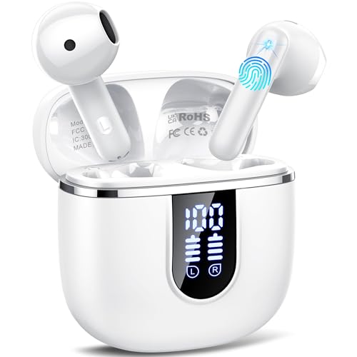 Bluetooth Kopfhörer, Kopfhörer Kabellos Bluetooth 5.4 In Ear Kopfhörer mit 4 ENC Noise Cancelling Mic, 40Std Ohrhörer mit LED Anzeige USB-C, IP7 Wasserdicht Wireless Earbuds für Sport Arbeit, Weiß