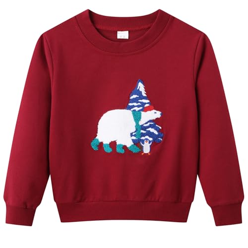 Dinopjs Eisbär Pullover für Jungen, Weihnachtsbaum Sweatshirt, Pinguin Sportshirts, Stickerei Muster, Warm Baumwolle Weihnachtspullover Kinder Kleidung für den Alltag, Geburtstag, Weihnachten, Rot 122