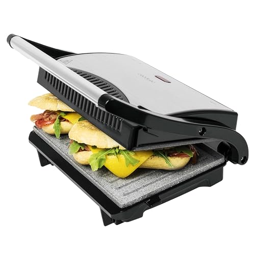 Cecotec Rock'nGrill Elektrogrill mit Grill, 700W, Oberfläche 23 x 14,5 cm, Antihaftbeschichtung, PTFE-frei, PFOA-frei, schwimmende Platte, Kaltgriff, Leuchtanzeige, vertikale Lagerung
